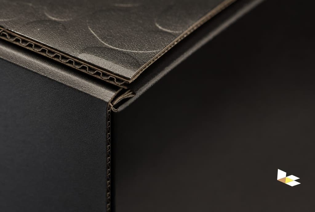 Macro view of B flute corrugated board with spot UV coating
